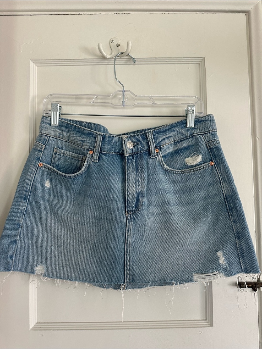 PAIGE Faded Light Blue Denim Mini Skirt